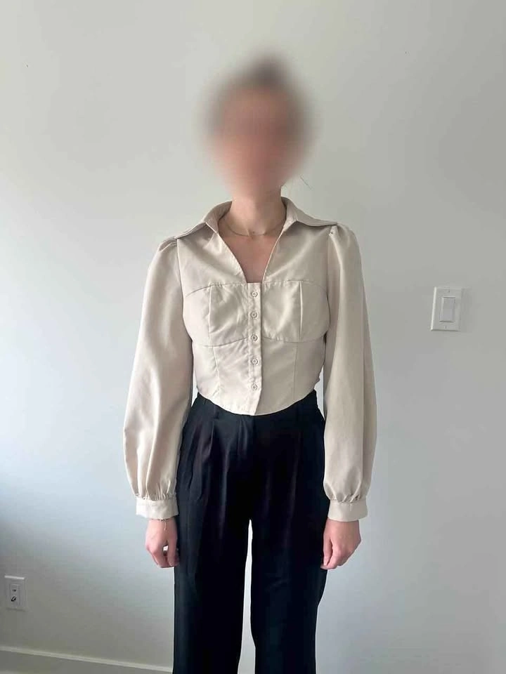 Beige Long Sleeve Corset Style Cropped Blouse