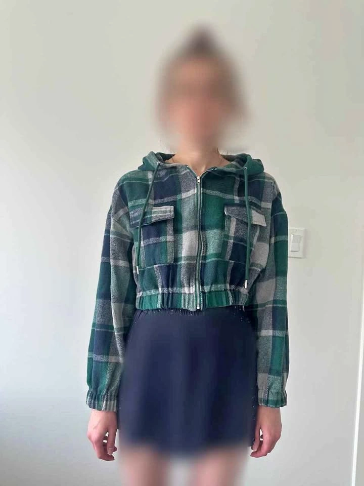 Green Plaid Cropped Hooded Jacket