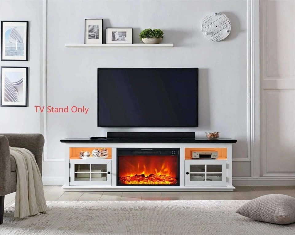 White TV Stand with Electric Fireplace and Black Top