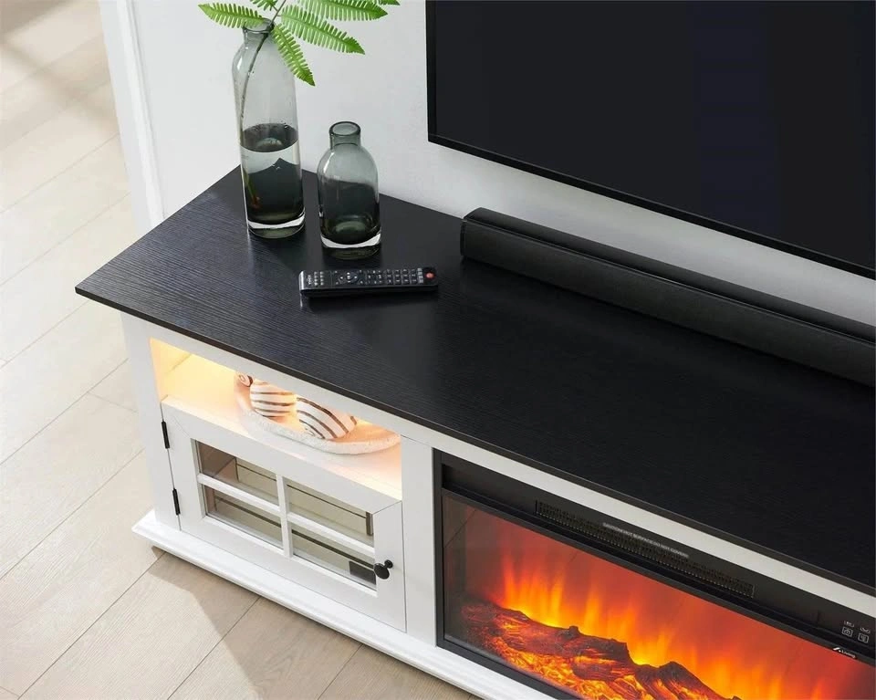White TV Stand with Electric Fireplace and Black Top - photo 2