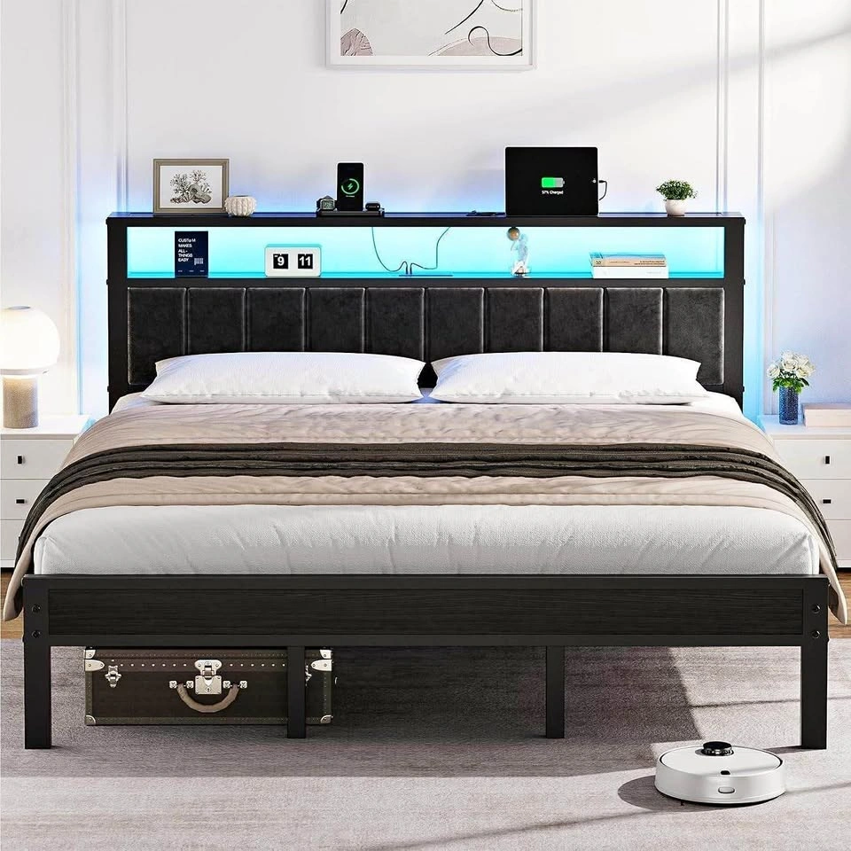 King Size Bed Frame with 2-Tier Storage Headboard and LED Lights
