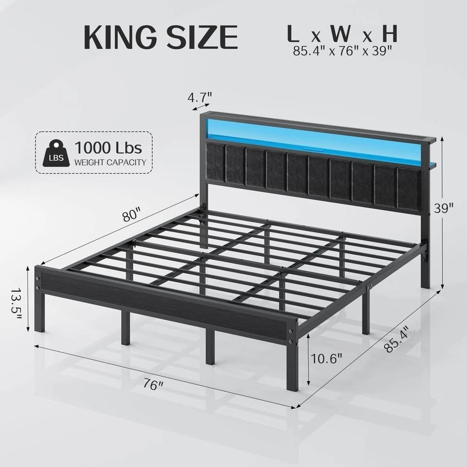 King Size Bed Frame with 2-Tier Storage Headboard and LED Lights - photo 2