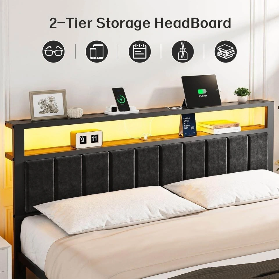 King Size Bed Frame with 2-Tier Storage Headboard and LED Lights - photo 3
