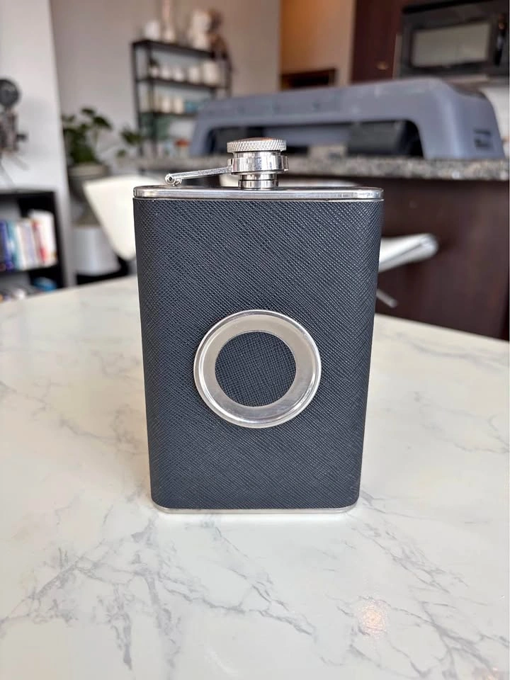 8 oz Stainless Steel Hip Flask – Black Leather-Look Wrap – $10