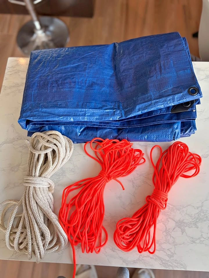 Heavy-Duty Tarp + 3 x 50’ Ropes – $25