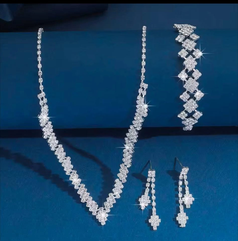 Silver Plated Rhinestone Tassel Earrings and Necklace Set - photo 2