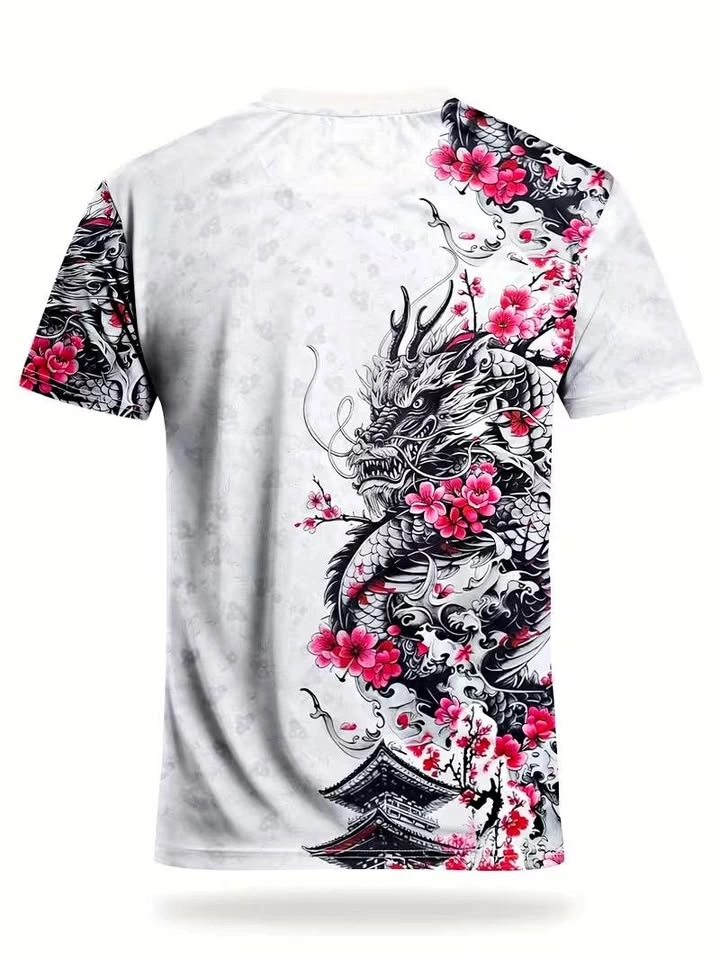 White Japan Dragon and Sakura Print T-Shirt