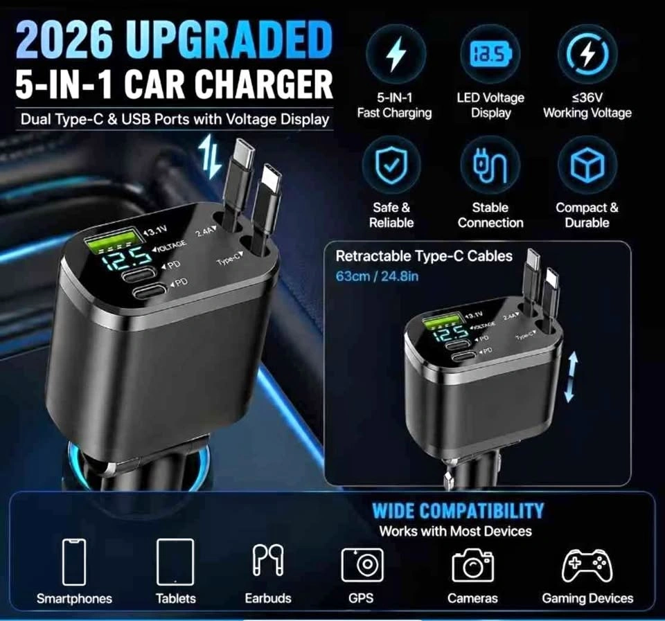 2026 Upgraded 5-in-1 Retractable Car Charger