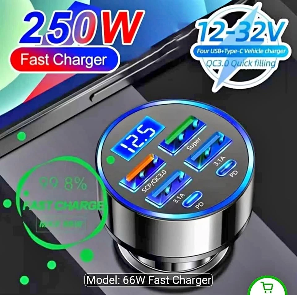 250W 6-Port Fast Car Charger with LED Display