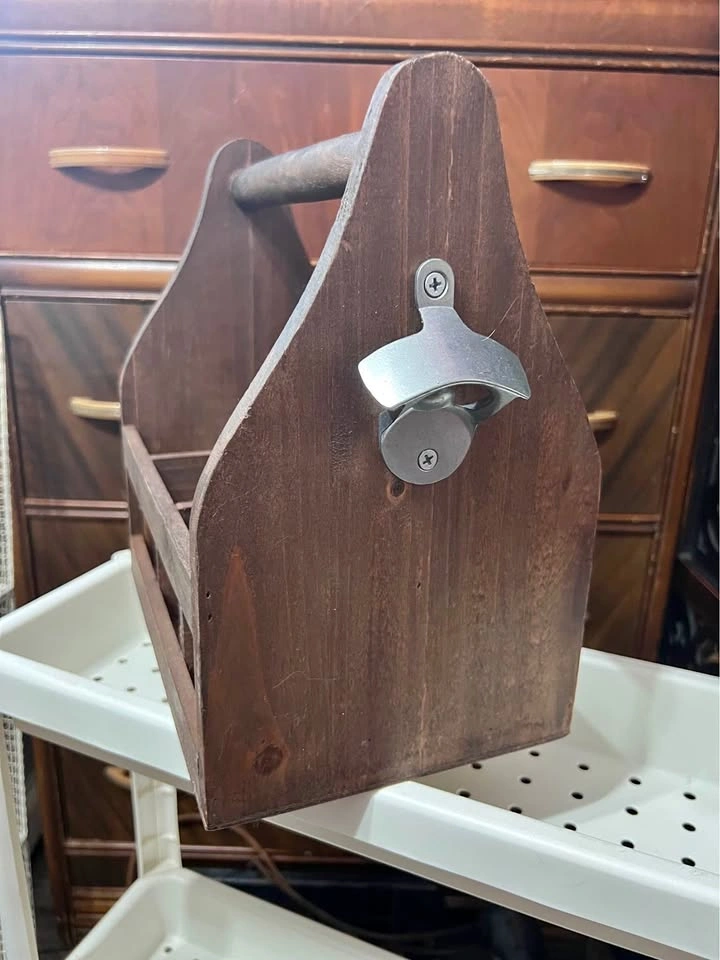 Rustic Wooden Six-Pack Beer Caddy with Built-In Bottle Opener
