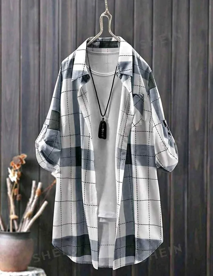 SHEIN Plaid Roll-Up Sleeve Button Shirt Dress/Jacket