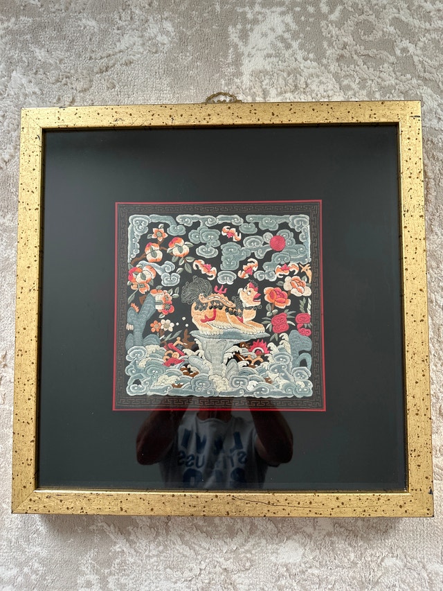 Antique framed Chinese Mandarin Foo-Lion Rank Badge (Buzi)