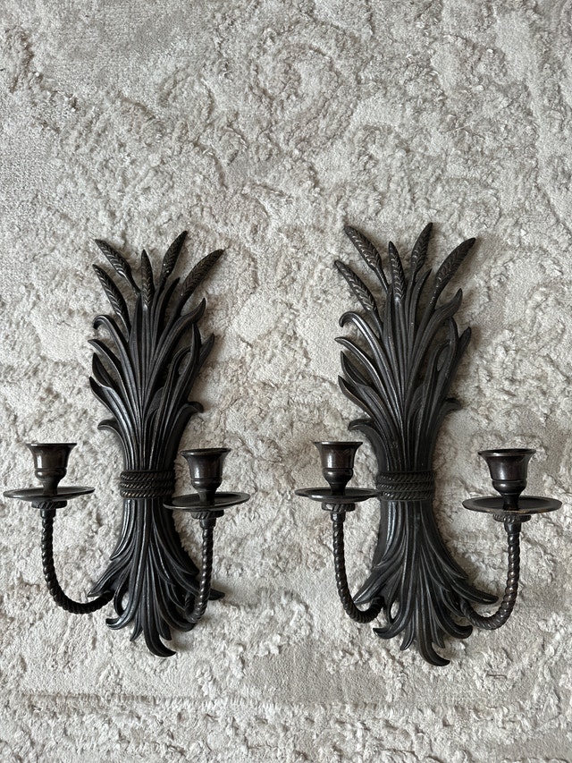 Hollywood Regency style wheat sheaf double-arm two wall sconces