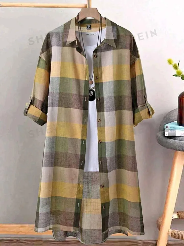 SHEIN Plaid Roll-Up Sleeve Button Shirt Dress/Jacket