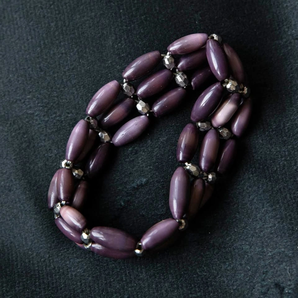 Vintage Purple Cat's Eye Bead 3-Row Stretch Cuff Bracelet