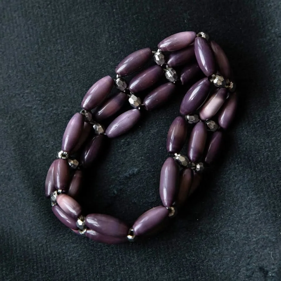 Vintage Purple Cat's Eye Bead 3-Row Stretch Cuff Bracelet