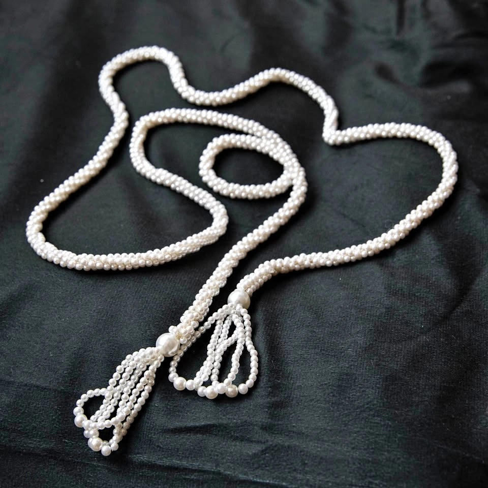 Vintage Woven Faux Pearl Lariat Necklace - Beaded Tassel Ends
