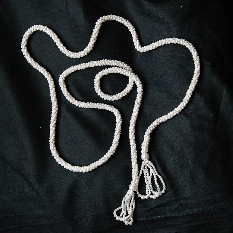 Vintage Woven Faux Pearl Lariat Necklace - Beaded Tassel Ends - photo 3