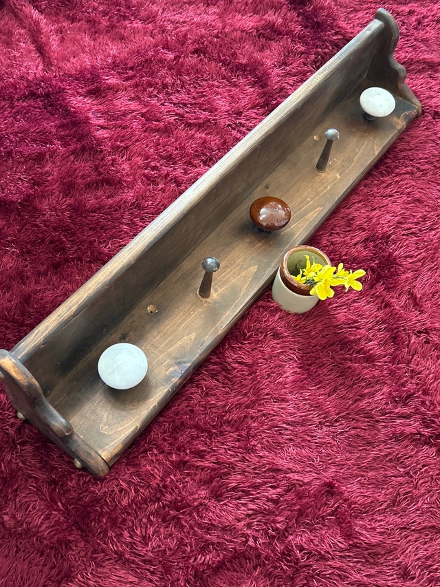 Vintage Antique Oak Porcelain Handle Coat Rack 32”
