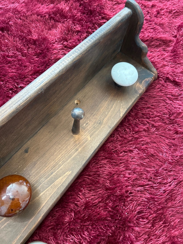 Vintage Antique Oak Porcelain Handle Coat Rack 32” - photo 4