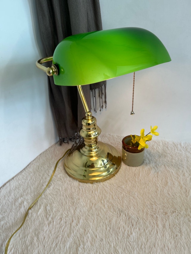 MCM Brass Green Glass Bankers Lamp 15”