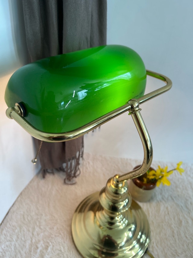 MCM Brass Green Glass Bankers Lamp 15” - photo 5