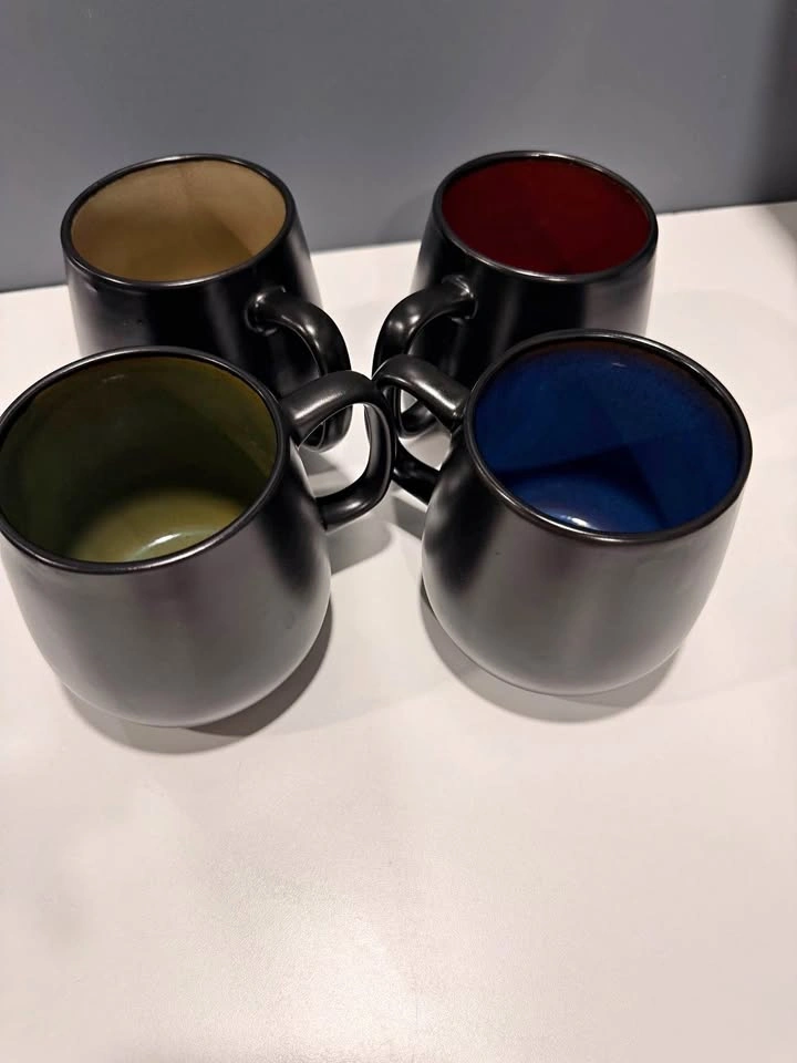 Black Ceramic Coffee Mugs with Coloured Interiors – Set of 4