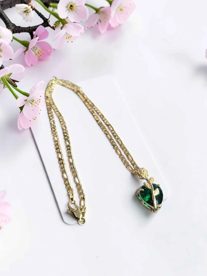 Emerald Green Heart Pendant Necklace Gold Leaf Vine Design - photo 5
