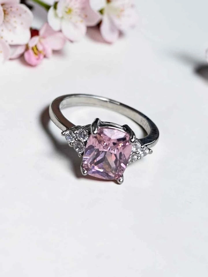 Silver Plated Pink Emerald-Cut Stone Ring