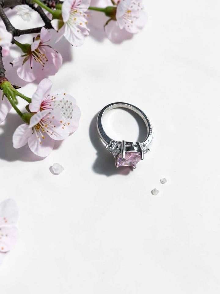Silver Plated Pink Emerald-Cut Stone Ring - photo 2