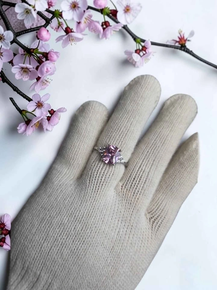 Silver Plated Pink Emerald-Cut Stone Ring - photo 3