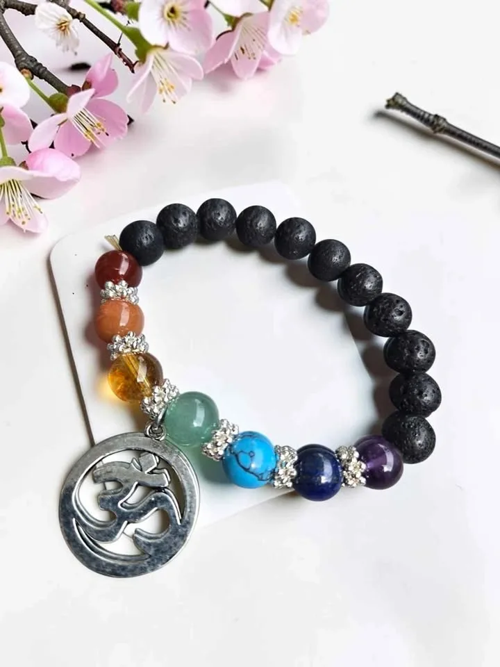 10mm Lava Stone 7 Chakra Beaded Bracelet with Om Charm