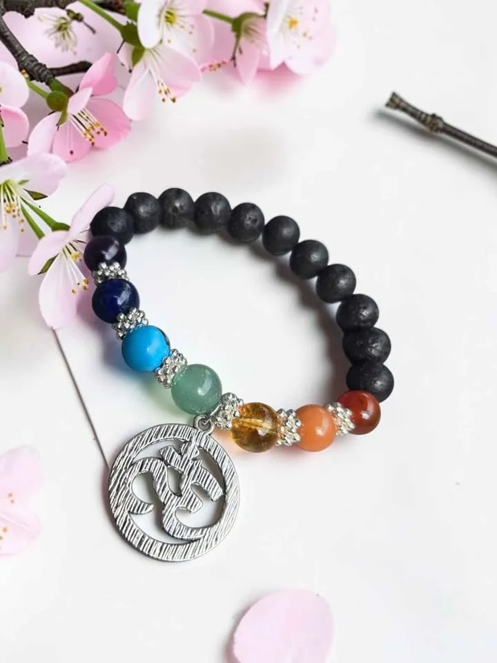 10mm Lava Stone 7 Chakra Beaded Bracelet with Om Charm - photo 2