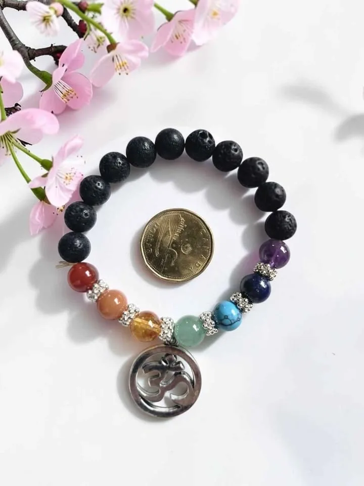 10mm Lava Stone 7 Chakra Beaded Bracelet with Om Charm - photo 3