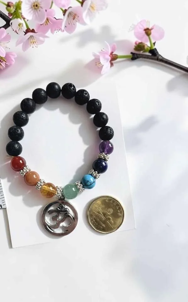 10mm Lava Stone 7 Chakra Beaded Bracelet with Om Charm - photo 4
