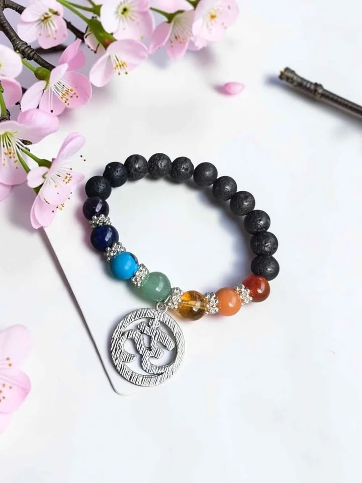 10mm Lava Stone 7 Chakra Beaded Bracelet with Om Charm - photo 5