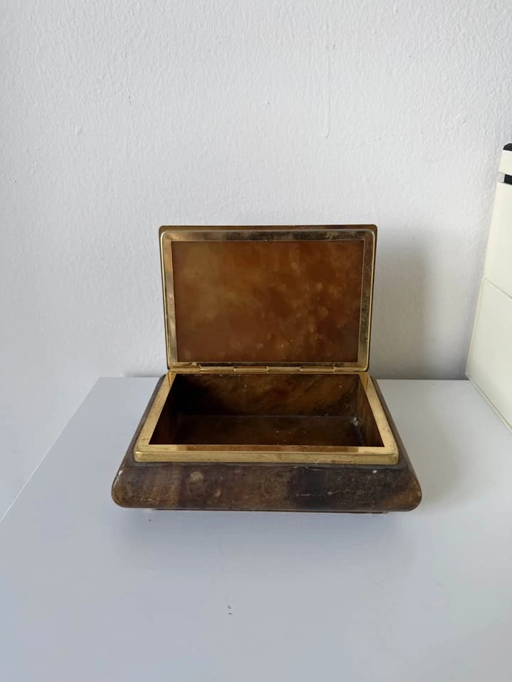 Vintage Carved Amber Stone Trinket Box - Brass Hinged Box