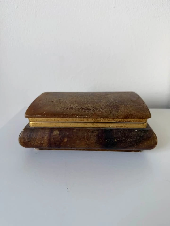 Vintage Carved Amber Stone Trinket Box - Brass Hinged Box - photo 2