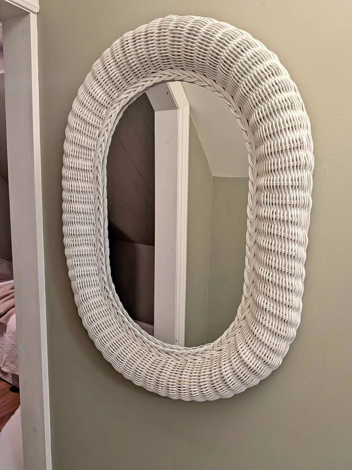 White Wicker Oval Mirror