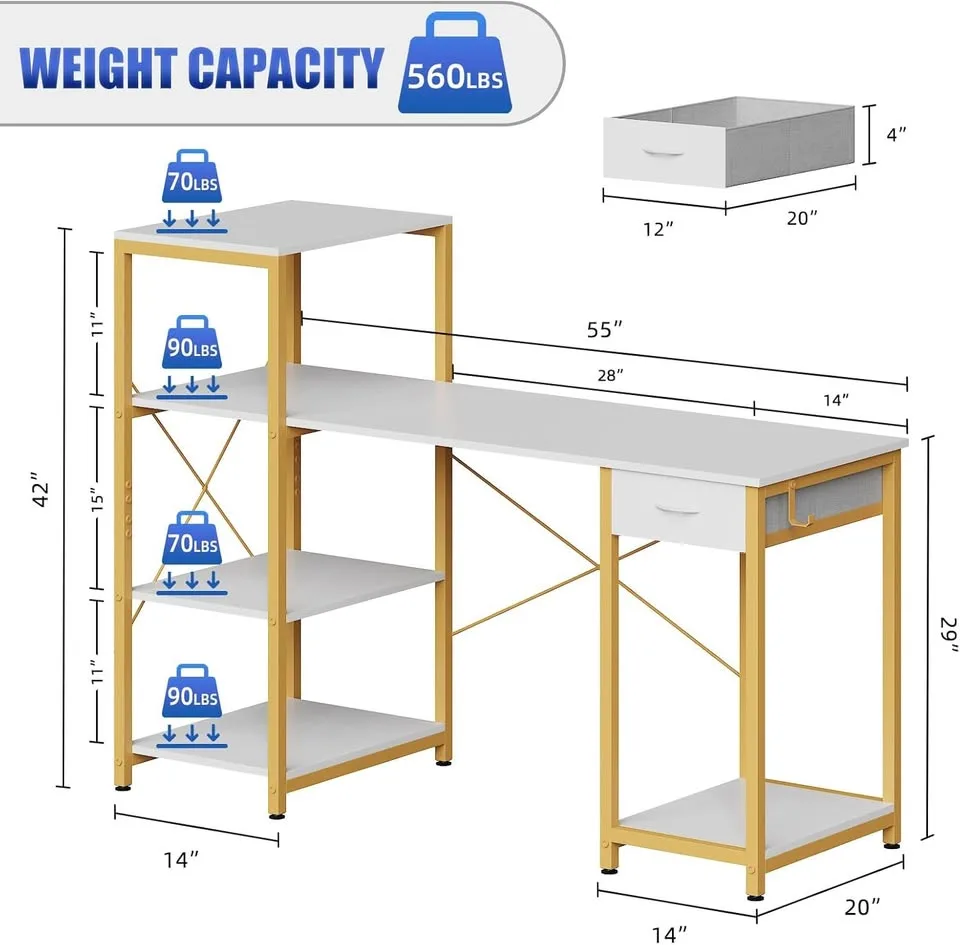 55" Computer Desk w/ Storage, Drawer, Shelf - White/Gold image indicator(2)