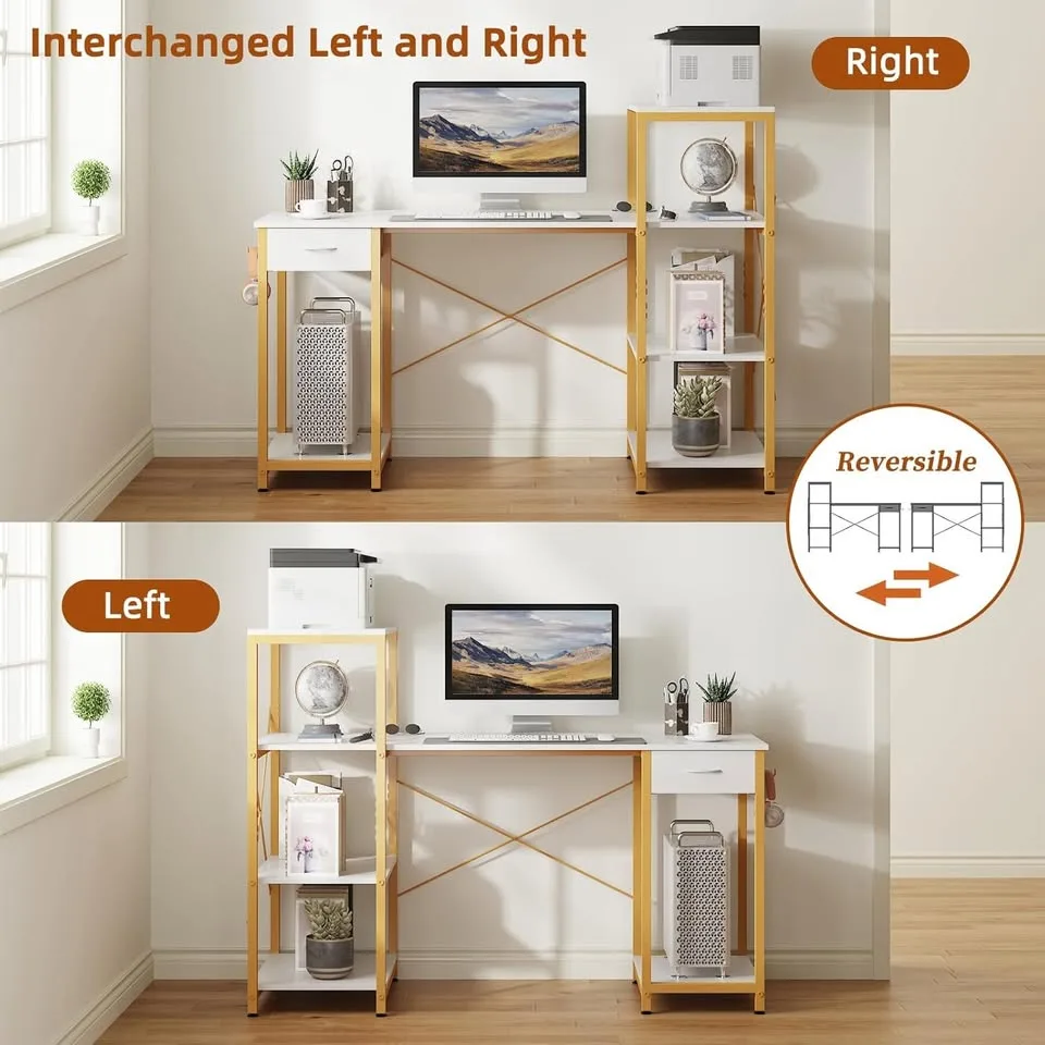 55" Computer Desk w/ Storage, Drawer, Shelf - White/Gold image indicator(4)