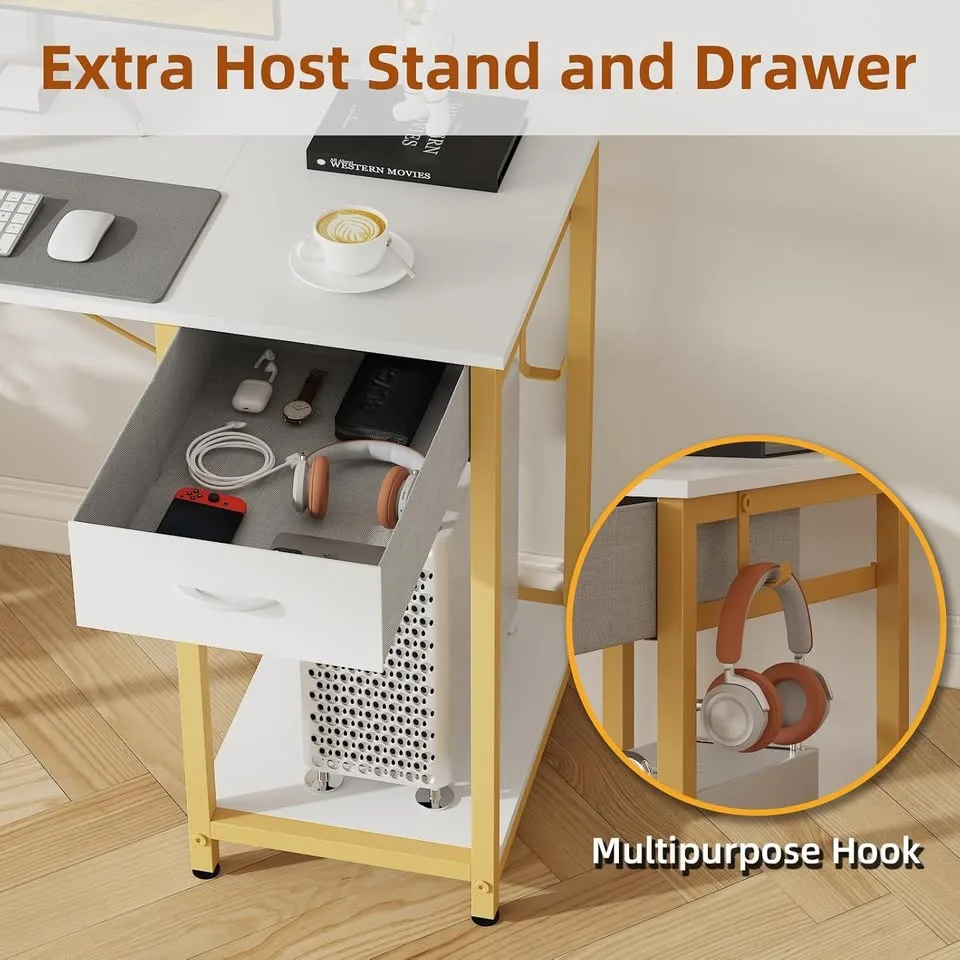 55" Computer Desk w/ Storage, Drawer, Shelf - White/Gold image indicator(5)