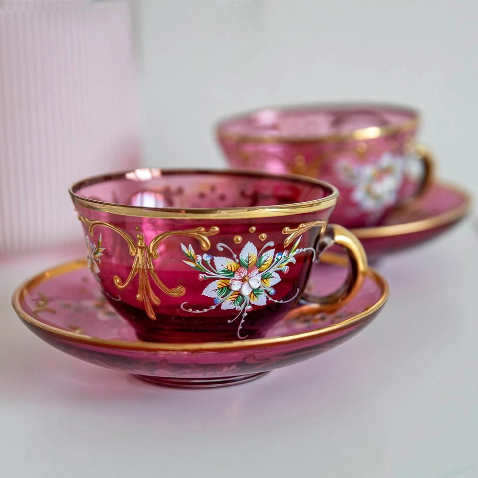 Antique Bohemian Cranberry Glass Teacup & Saucer Sets