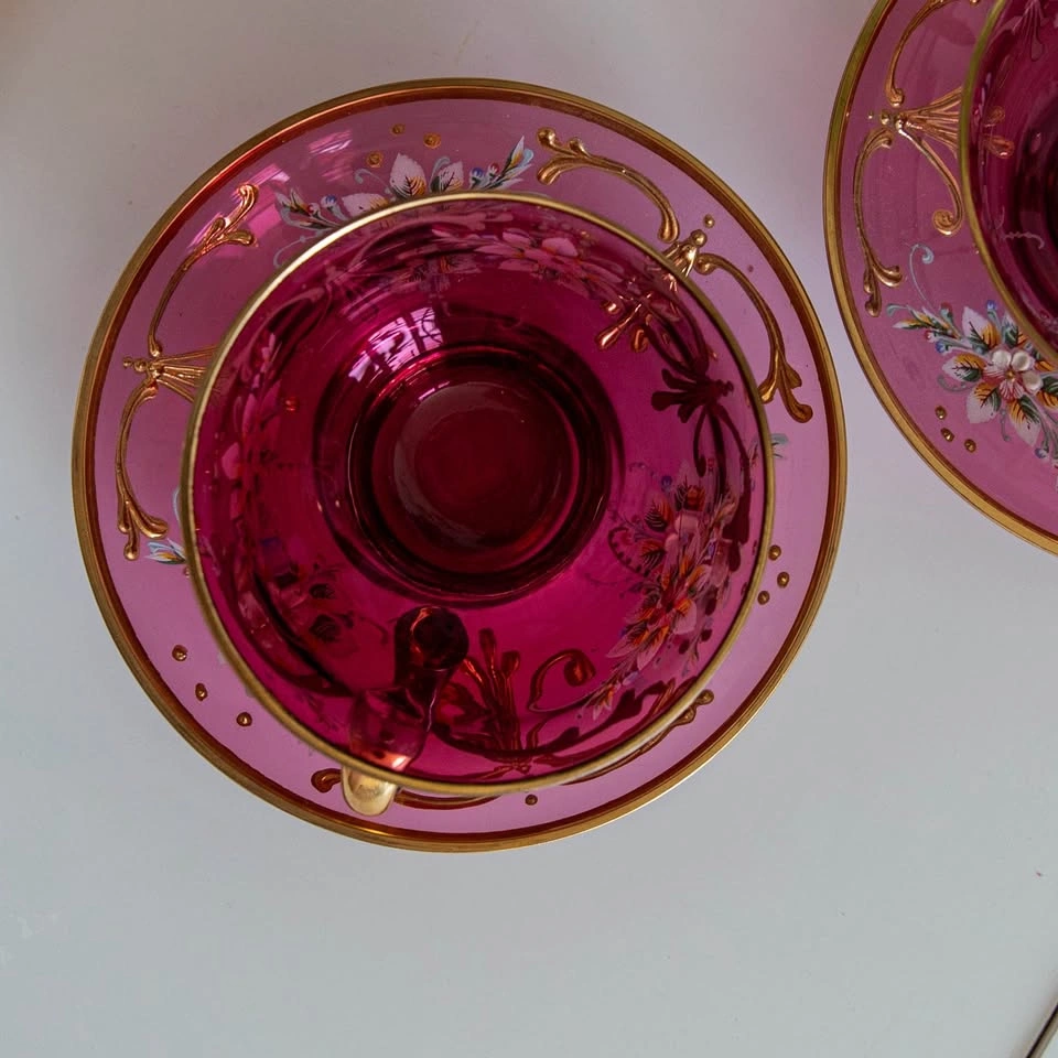 Antique Bohemian Cranberry Glass Teacup & Saucer Sets - photo 3