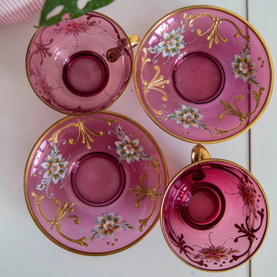 Antique Bohemian Cranberry Glass Teacup & Saucer Sets - photo 4