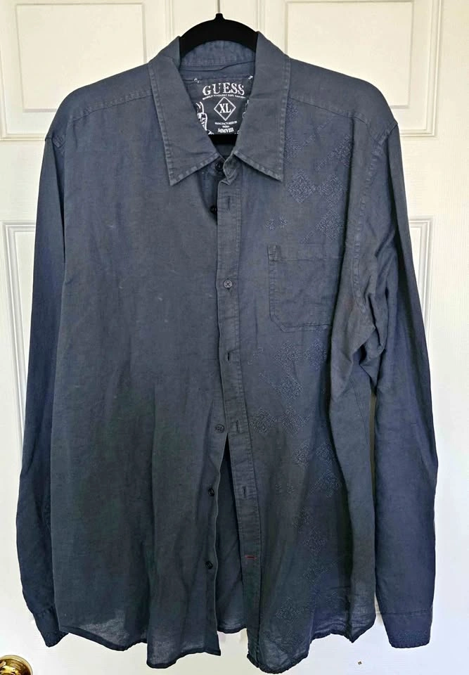 GUESS Men's Charcoal Grey Linen Blend Long Sleeve Shirt - Size X