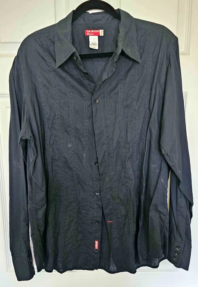 GUESS Men's Black Long Sleeve Shirt with Vertical Strip Accents