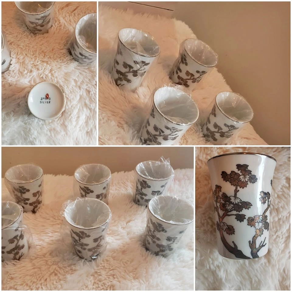Set of 6 Vintage Japanese Fukagawa Glasses (Silver/Pine Design)