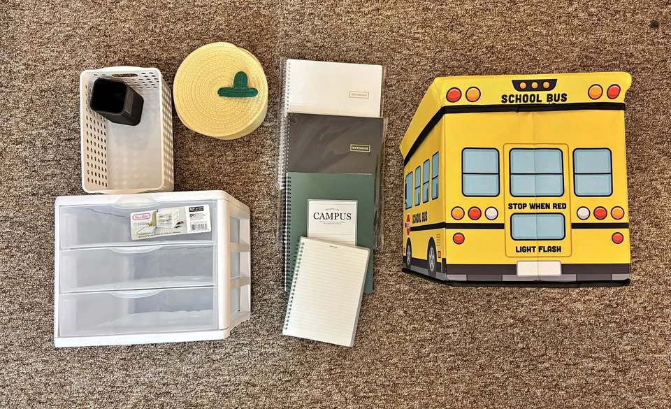 Sterilite Drawer, School Bus Toy Box, Woven Basket, Notebooks