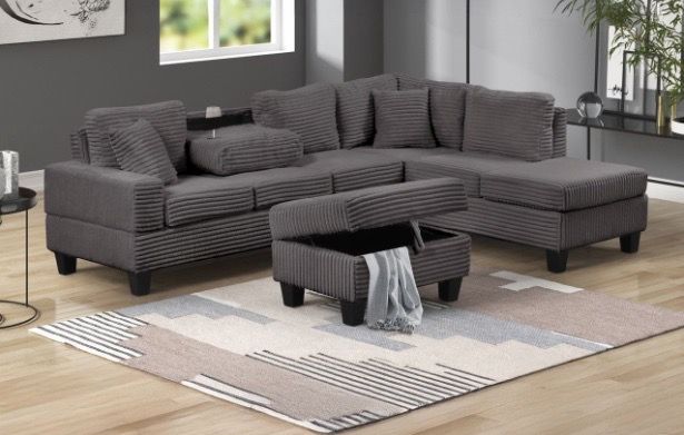 Cozy Corduroy Sectional – now with a FREE Storage Ottoman!